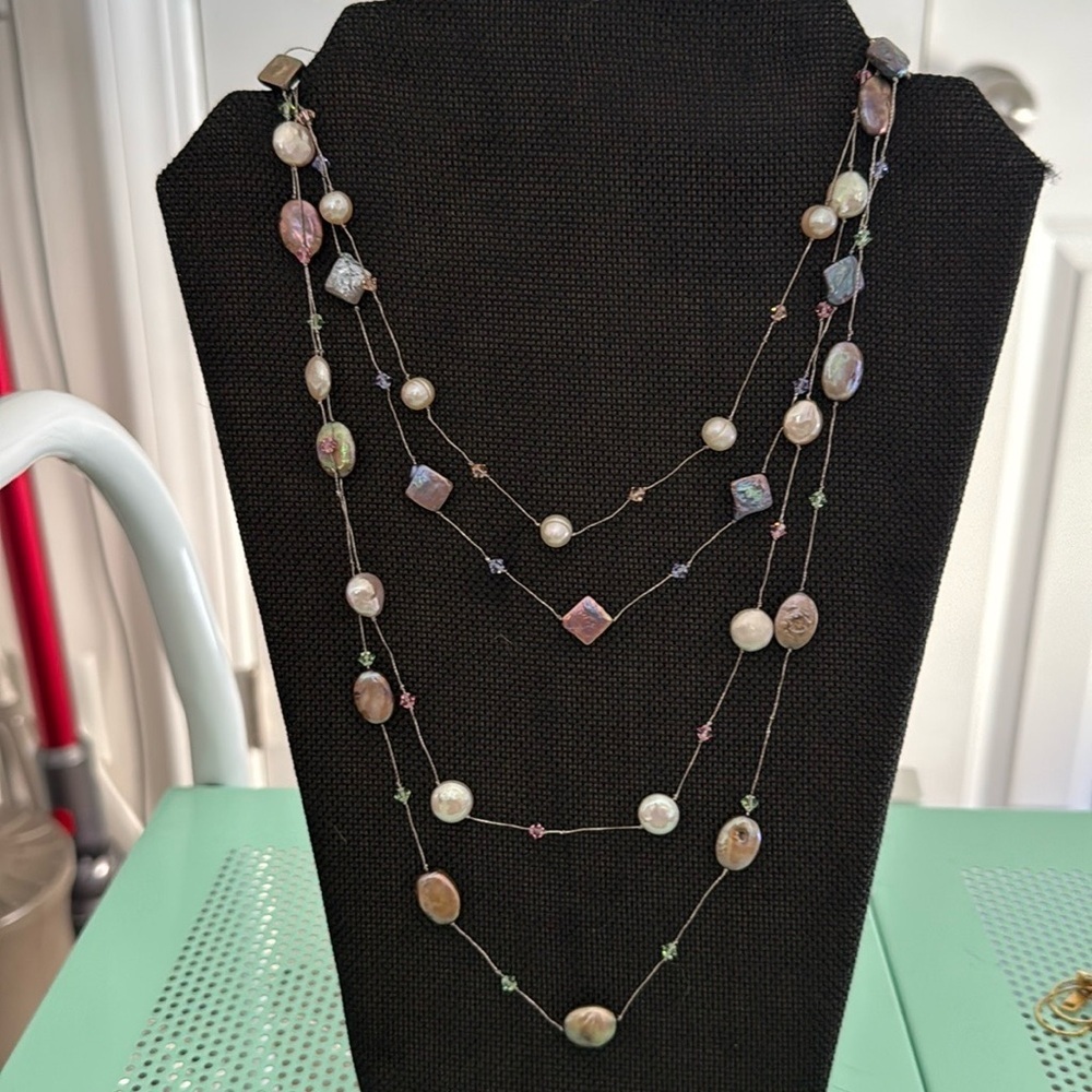 Vintage Real Pearl and Crystal Layered Necklace Romantic Pastel Spring